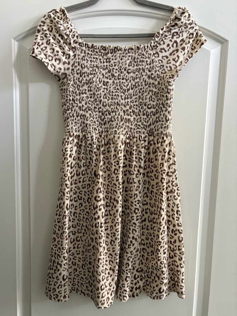 Girls' Leopard Print Smocked Off-Shoulder Dress - Cream/Brown